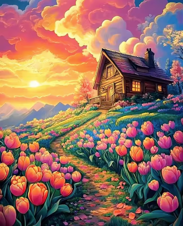 Landschap - Blokhut met Tulpen