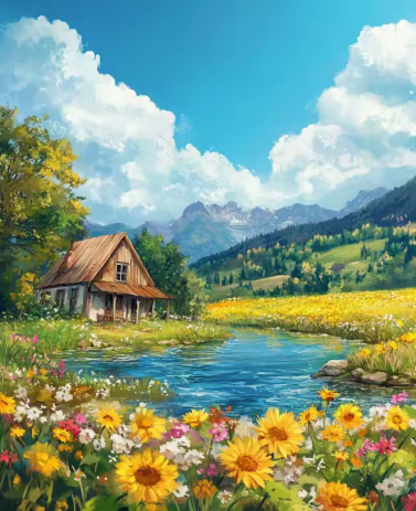 Landschap - Blokhut met Zonnebloemen