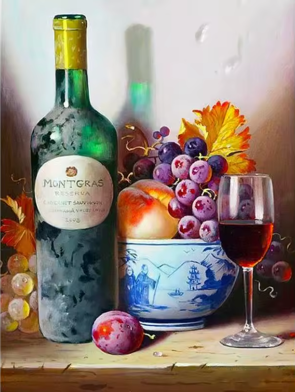 Stilleven - Wijn met Fruitschaal